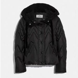 Coach‎ Fair Isle Short Length Hooded Puffer Jacket Grey Duck Down Fill Black